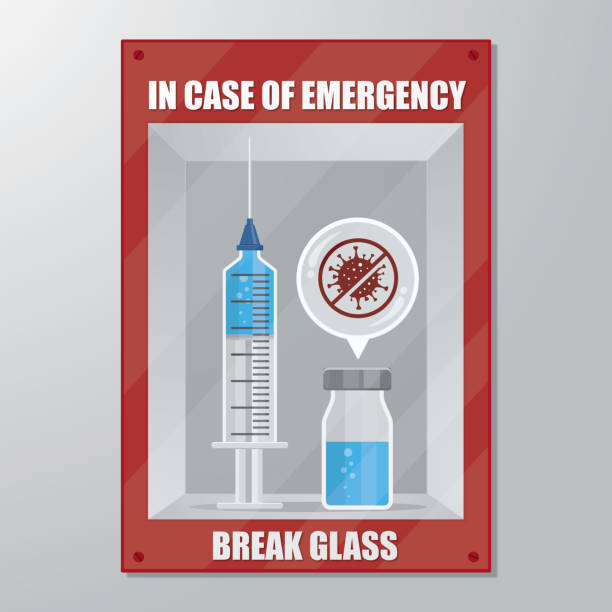 In case of Emergency Covid-19 Vaccine Covid-19 Vaccine in a in case of Emergency box emergency break glass box stock illustrations