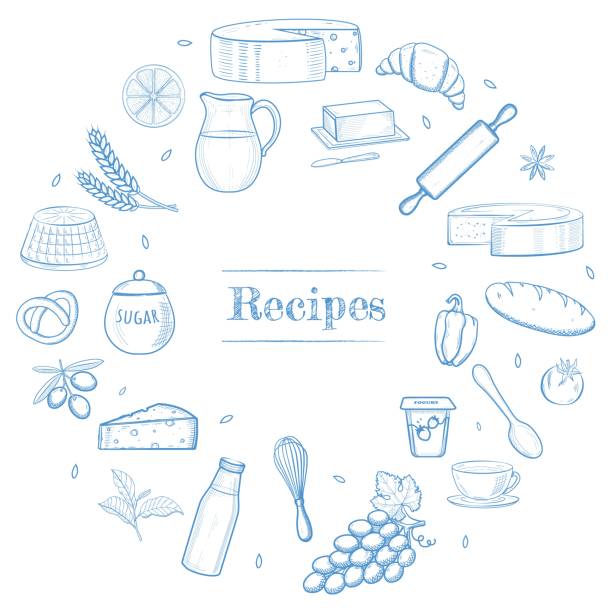 Hand drawn kitchen stuff, dairy and bakery products, vegetables, food ingredients. Recipe book template, restaurant menu icons, shavuot banner frame concept. Hand drawn kitchen stuff, dairy and bakery products, vegetables, food ingredients. Recipe book template, restaurant menu icons, shavuot banner frame concept. Vector illustration. bread borders stock illustrations