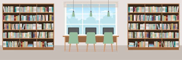 ilustrações de stock, clip art, desenhos animados e ícones de empty library. modern interior with bookcases, table, chairs and computers. - book book spine in a row library