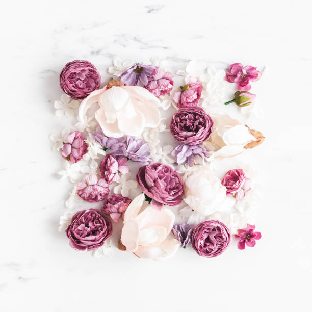 istock Flowers composition. White and purple flowers on marble background. Flat lay, top view 1309773666