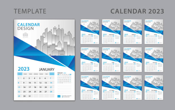 kalender 2023 vorlage, set desk kalender design mit ort für foto und firmenlogo. wandkalender 2023. die woche beginnt am sonntag. satz von 12 monaten. blauer polygonhintergrund - calendar february desk computer stock-grafiken, -clipart, -cartoons und -symbole