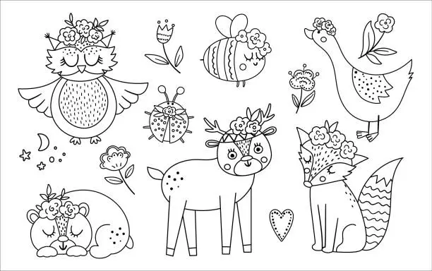 Vector illustration of Vector black and white woodland animals, insects and birds collection. Boho line forest set. Bohemian fox, owl, bear, deer, ladybug, goose with flowers on heads. Celestial clip art pack