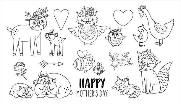 ilustraciones, imágenes clip art, dibujos animados e iconos de stock de vector boho animales bebés con padres. divertidas escenas de animales del bosque que muestran el amor familiar. linda colección de elementos de diseño del día de las madres. imágenes prediseñadas de madre e hijo para tarjeta, impresión, póster - owl young animal bird mother