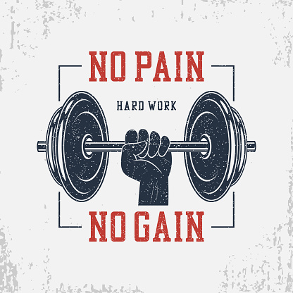 No pain, no gain. Typography for bodybuilding t-shirt with dumbbell and hand. Motivational GYM print for apparel, banner, poster. Graphics for athletic tee shirt with grunge. Vector illustration.