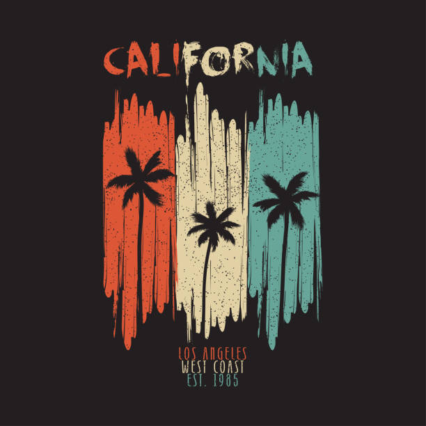 kalifornien vintage t-shirt typografie mit palmen und grunge. los angeles original kleidung design für sommer kleidung druck. vektor - paradise california stock-grafiken, -clipart, -cartoons und -symbole