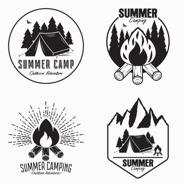 Vintage summer camp logo set. Camping badges and outdoor adventure emblems. Original typography with camping tent, bonfire and forest silhouette. Vector Vintage summer camp logo set. Camping badges and outdoor adventure emblems. Original typography with camping tent, bonfire and forest silhouette. Vector illustration. fire alphabet letter t stock illustrations