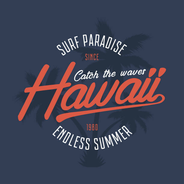 ilustrações de stock, clip art, desenhos animados e ícones de hawaii typography graphics for t-shirt. tee shirt surfing print with palm trees. hawaiian summer stamp for vintage apparel. vector - letter t tree typescript alphabet