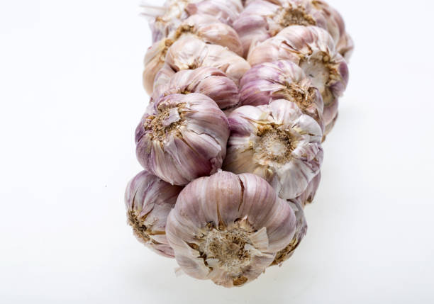 cadeia de alho isolado no fundo branco - garlic hanging string vegetable - fotografias e filmes do acervo