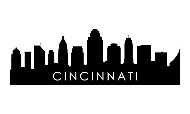 ilustraciones, imágenes clip art, dibujos animados e iconos de stock de silueta del horizonte de cincinnati. diseño negro de la ciudad de cincinnati aislado sobre fondo blanco. - cincinnati