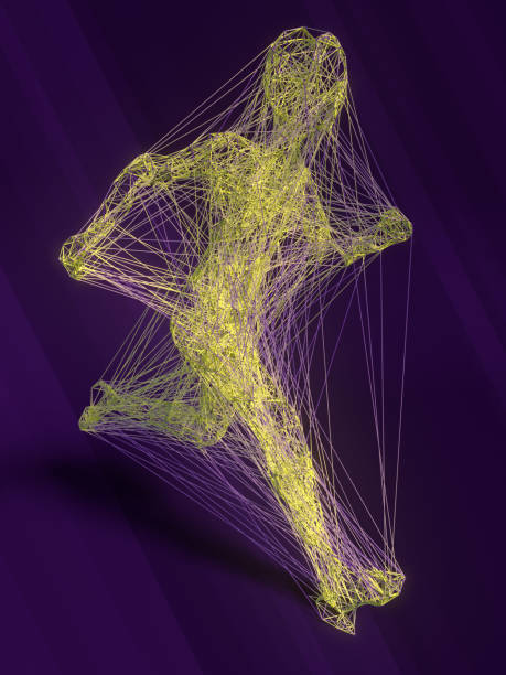 istock Abstract running wire man in modern style on the violet background of a geometrical pattern. 3d rendering illustration 1309779695