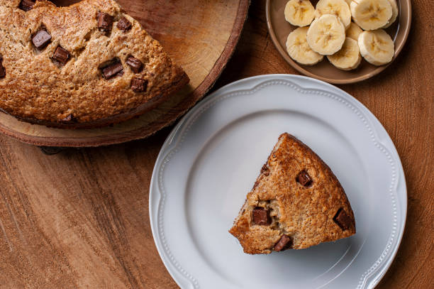 Homemade rustic cake with pieces of chocolate.