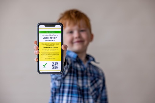 Vaccinated boy using digital vaccinepassport app in mobile phone at customs for travel during Covid-19 pandemic. He is showing his immunization certificate and passport to the customs official.