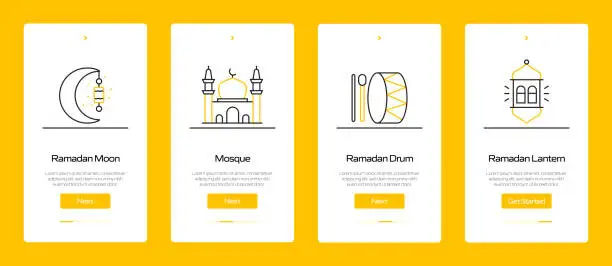 Vector illustration of Ramadan Concept Onboarding Mobile App Page Screen with Flat Icons. UX, UI Design Template Vector Illustration