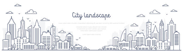 ilustraciones, imágenes clip art, dibujos animados e iconos de stock de panorama de la línea cityscape - paisaje urbano en estilo lineal sobre fondo blanco. ilustración de vectores de línea delgada - city