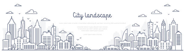 ilustrações de stock, clip art, desenhos animados e ícones de cityscape line panorama - urban landscape in linear style on white background. thin line vector illustration - cityscape