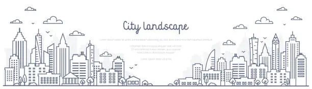 Vector illustration of Cityscape line panorama - urban landscape in linear style on white background. Thin line vector illustration