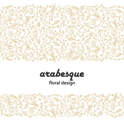 Arabesque Arabic seamless floral pattern. Branches with flowers, leaves and petals. Vector illustration.