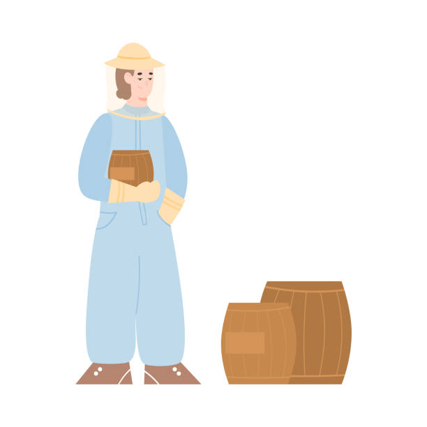 eekeeper or hiver next to barrels with honey flat vector illustration isolated. Beekeeper or hiver in protective wear standing next to barrels with honey, flat cartoon vector illustration isolated on white background. Apiculture and beekeeping. hiver stock illustrations