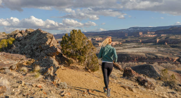 istock Female trail runner traverses mountain ridge in the morning 1309786509