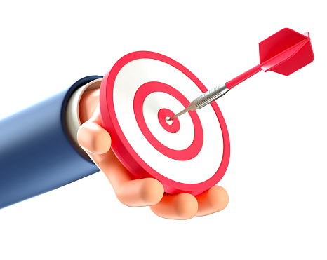3D illustration of businessman hand holding a modern target with a dart in the center, arrow in bullseye. Concept of objective attainment, reaching goals, business purposes, successful strategy.