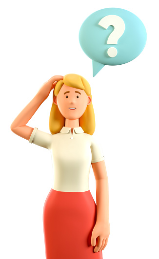 3D illustration of confused thinking beautiful blonde woman scratching her head. Close up portrait of pensive businesswoman with question in speech bubble, scraping hair, feeling doubt or hesitation.