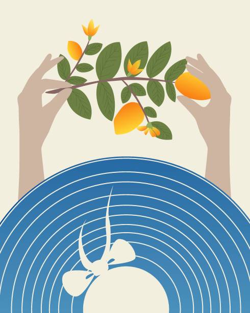 Poster, Relaxation and enjoyment concept. Girl in a wide-brimmed blue hat with a sprig of lemons stylish vector illustration. View from above vector art illustration