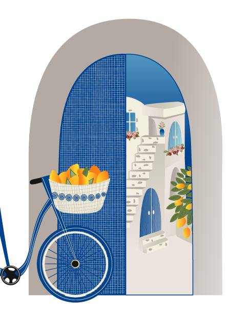 Abstract places, villages, small streets, old towns in Santorini, Spain, Greece and Italy in blue colors. Travel Vector illustrations and design vector art illustration