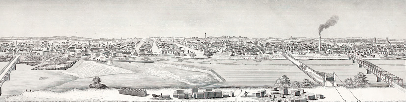 Vintage illustration features a 19th century aerial panoramic view of Minneapolis, Minnesota. Minneapolis later became the home for popular companies such as Pillsbury, General Mills, Best Buy, Land O' Lakes, and Target.