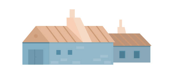 ilustraciones, imágenes clip art, dibujos animados e iconos de stock de pequeño edificio de fábrica de plantas, ilustración vectorial plana aislada en segundo plano. - house farm brick chimney
