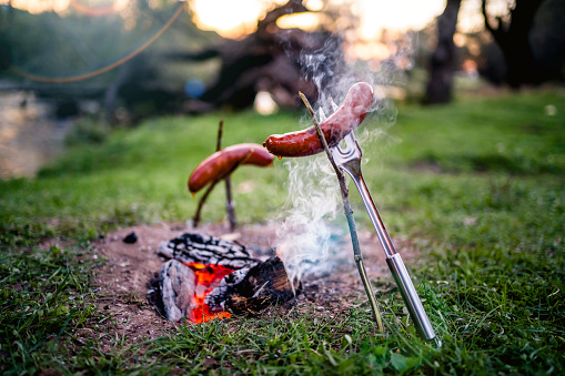 Grilled sausages above the campfire