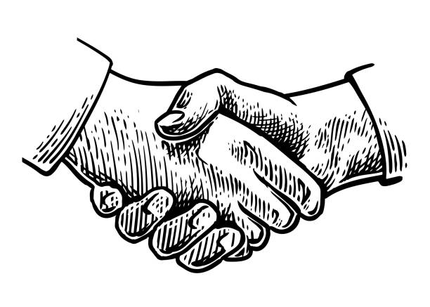handshake hand drawing Drawing shake hands."nBusinessman handshake sketch engraving vector illustration on white background."n etching stock illustrations