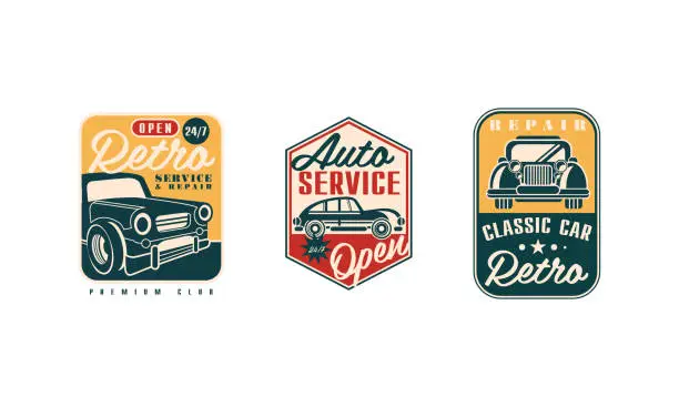 Vector illustration of Auto Service and Repair Badges with Retro Car Vector Set