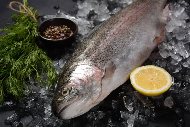 istock Fresh trout on dark table with lemon, pepper and dill. 1309792885