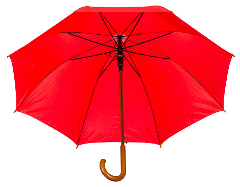 Patternless red colored rain umbrella isolated on white background. inside view.