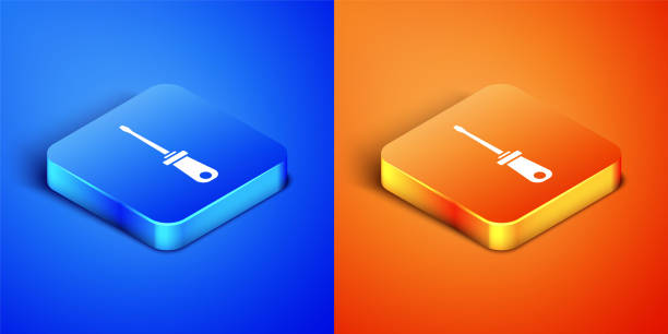 青とオレンジの背景に分離されたアイソメトリックスクリュードライバーのアイコン。サービス ツールシンボル。正方形のボタン。ベクトル - screwdriver isolated blue work tool点のイラスト素材／クリップアート素材／マンガ素材／アイコン素材