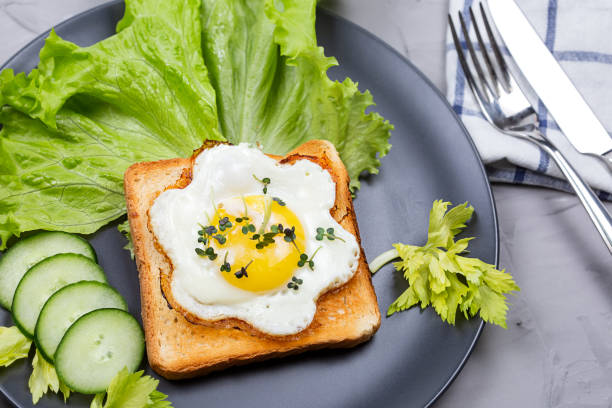 istock Healthy Restaurant breakfast with fry pan eggs with salad on white background top view 1309795678