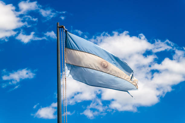 istock Flag of Argentina over a sky with white clouds 1309795737