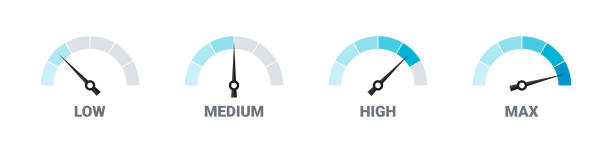 ilustrações de stock, clip art, desenhos animados e ícones de risk meter. satisfaction meter. speedometer scale. set of gauges from low to high. vector illustration - tall