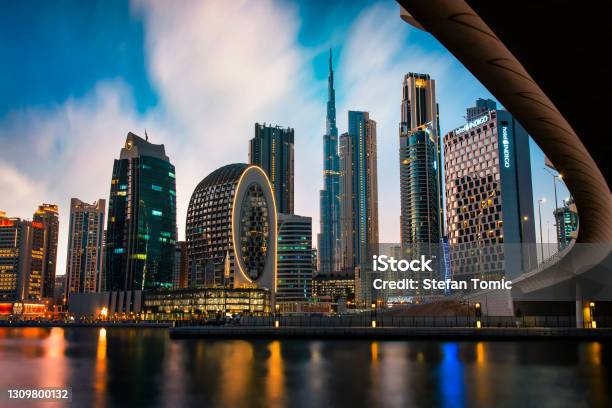 Dubai Skyline View From The Marasi Marina In City Business Bay Downtown Area In The Uae Stock Photo - Download Image Now