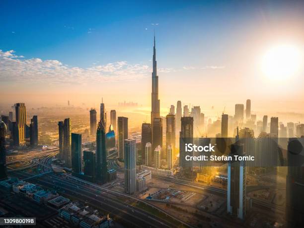 Aerial Skyline Of Downtown Dubai Filled With Modern Skyscrapers In The Uae Stock Photo - Download Image Now