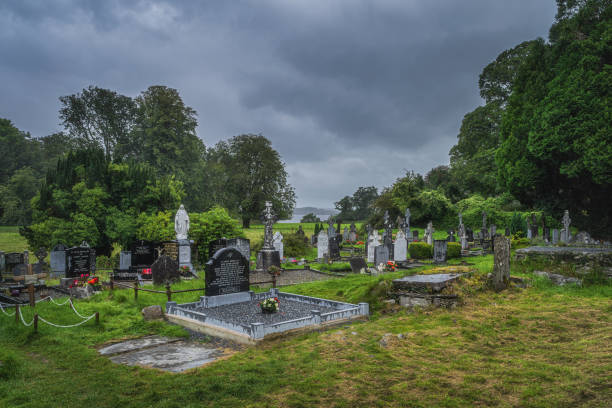 cemitério cercado por árvores verdes, ao lado da abadia de muckross do século xv - cemetery celtic cross celtic culture chapel - fotografias e filmes do acervo