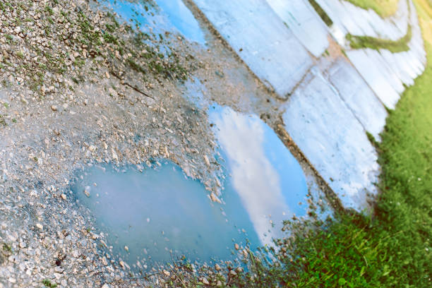 istock Road after rain. The reflected sky in the puddles 1309802445