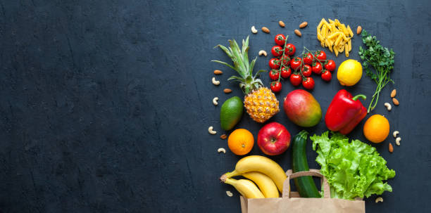 istock Healthy food banner on a black background 1309803728