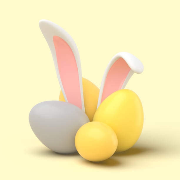 istock 3d simple easter bunny rabbit hiding in eggs on yellow pastel background 3d illustration. Easter holiday concept. 1309804925