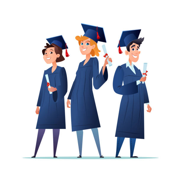 illustrazioni stock, clip art, cartoni animati e icone di tendenza di un gruppo di giovani laureati sorridenti. ragazzi e ragazze in abito da laurea, berretto e possesso di un diploma. vettore cartone animato piatto - graduation gown