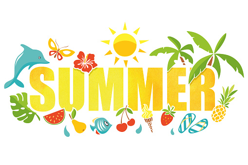 Vectorized watercolor „summer“ inscription with summer icons