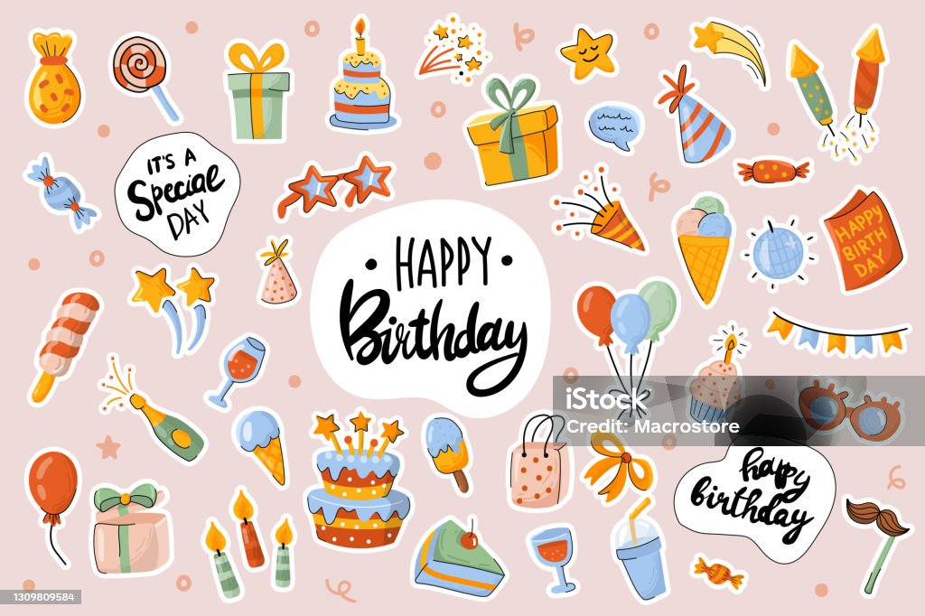 Happy Birthday Cute Stickers Template Set Bundle Of Cake Drink Gift  Decorations Objects Festive Party Celebration Objects Scrapbooking Elements  Vector Illustration In Flat Cartoon Design Stock Illustration - Download  Image Now - iStock
