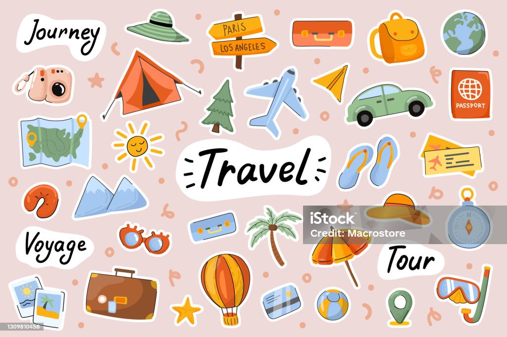 Travel Cute Stickers Template Set Bundle Of Camping Journey Sea