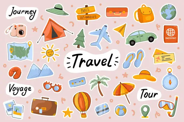 Vector illustration of Travel cute stickers template set. Bundle of camping journey, sea resort tour, voyage, global tourism, baggage, traveler objects. Scrapbooking elements. Vector illustration in flat cartoon design