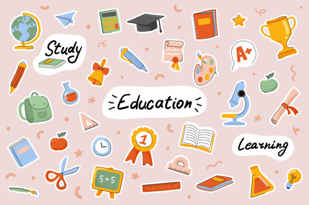 School and education cute stickers template set. Bundle of textbooks, stationery supply, science, study lessons, classroom objects. Scrapbooking elements. Vector illustration in flat cartoon design School and education cute stickers template set. Bundle of textbooks, stationery supply, science, study lessons, classroom objects. Scrapbooking elements. Vector illustration in flat cartoon design school supplies stock illustrations